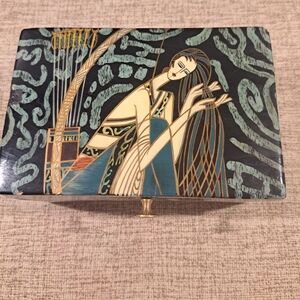 Chinese Art Deco Wood Box Lady Holding Hair 4”x6”x3”